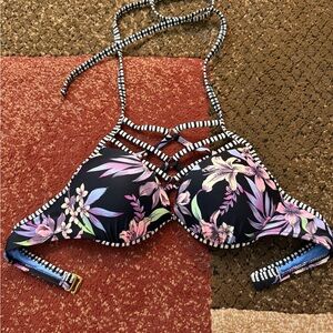 Time and Tru Black Floral Lace-Up Halter Bikini Top with Pink & Lavender Accents